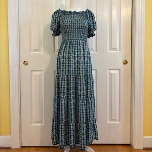 Max Studio Green Print Tiered Smocked Maxi Dress w/Short Puffed Sleeves Size XS